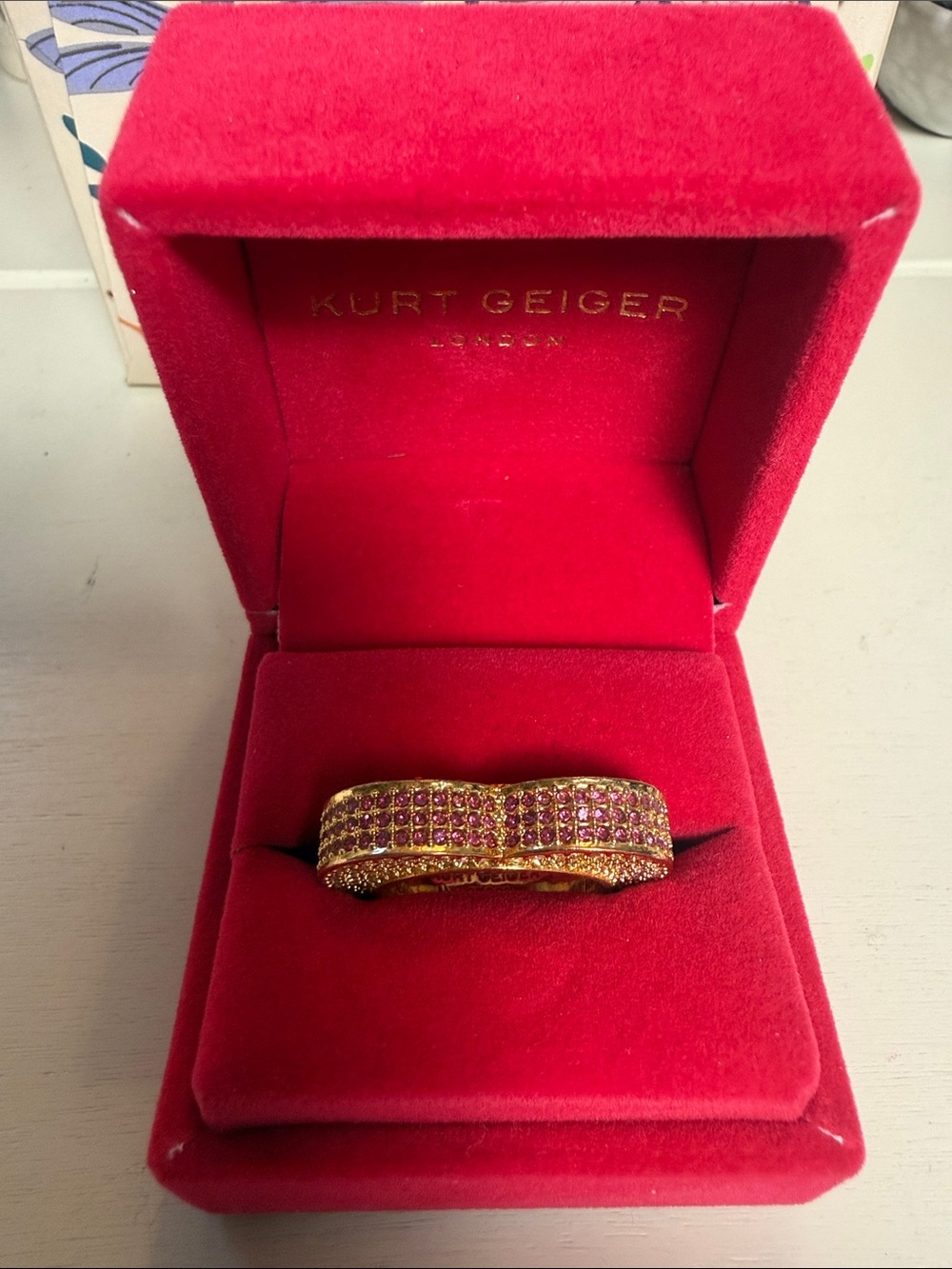 Kurt Geiger Gold Tone Heart Ring with Pink Crystal Pavé Rows